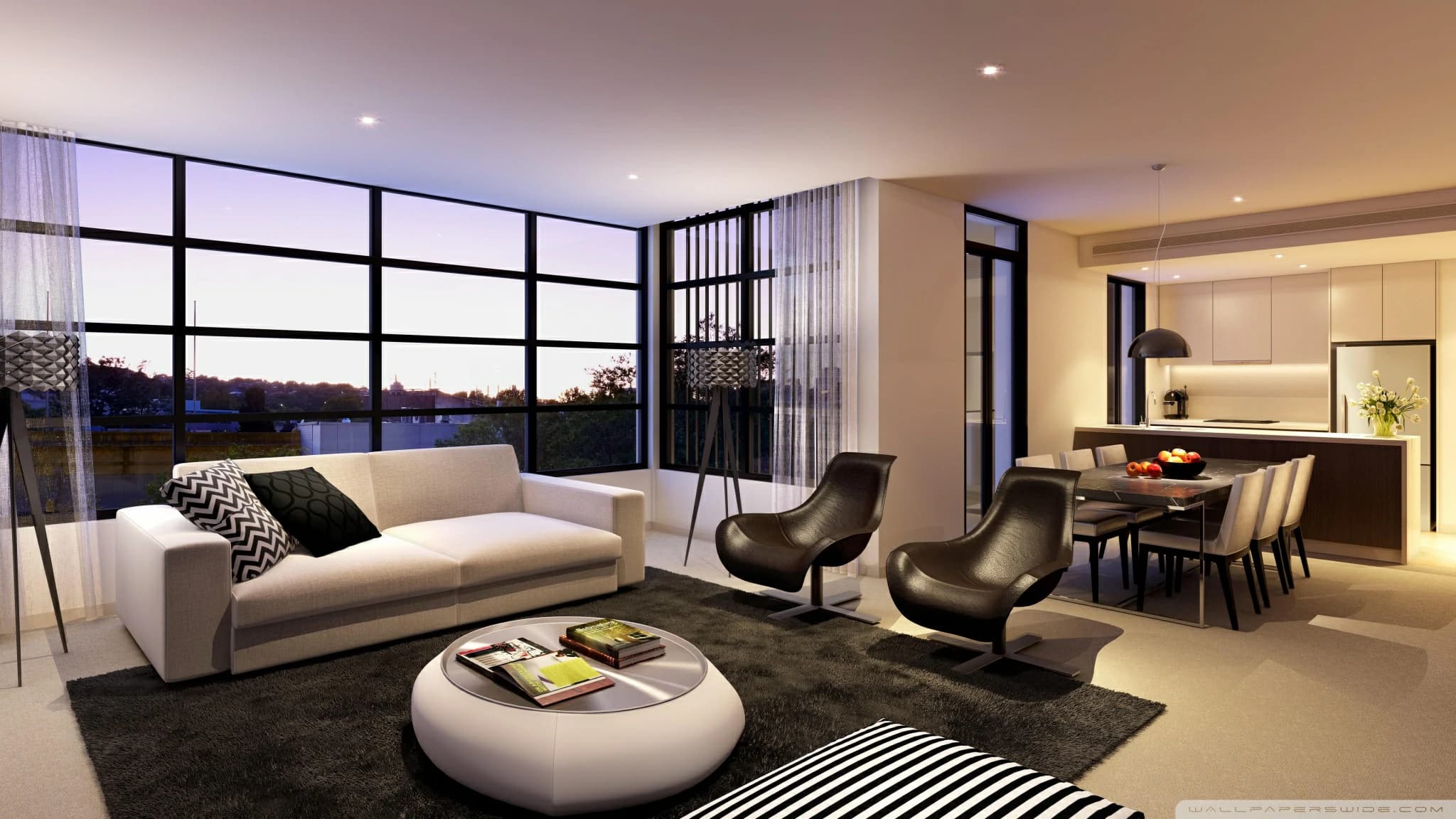 Imagem de uma sala de estar de uma casa de alto padrão, com moveis de luxo, arquitetura morderna e luxuosa